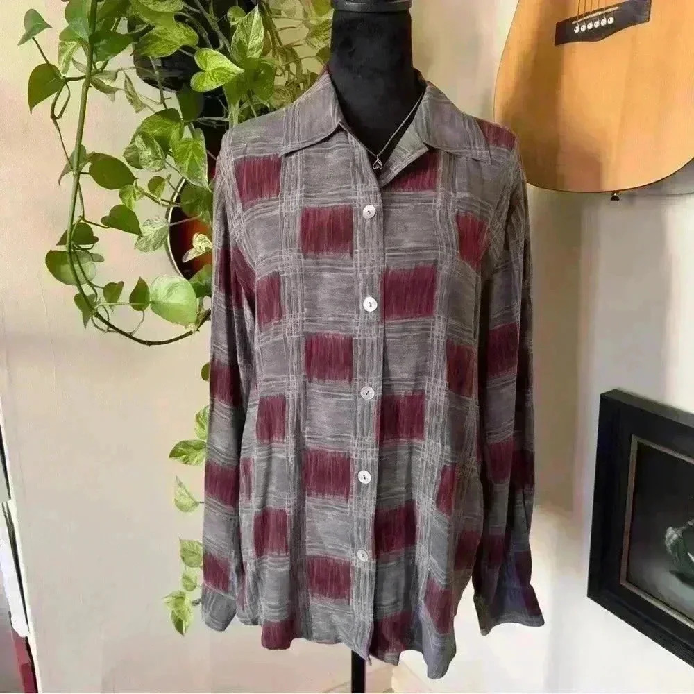 Vtg 90s NWT Casual Corner 100% Silk Red Grey Block Blouse - Size 14